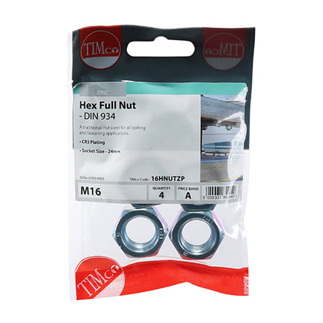 This is an image showing TIMCO Hex Full Nuts - Zinc - M16 - 4 Pieces TIMpac available from T.H Wiggans Ironmongery in Kendal, quick delivery at discounted prices.