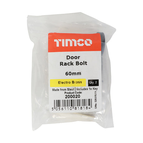 This is an image showing TIMCO Door Rack Bolts - Electro Brass - 60mm - 2 Pieces Bag available from T.H Wiggans Ironmongery in Kendal, quick delivery at discounted prices.