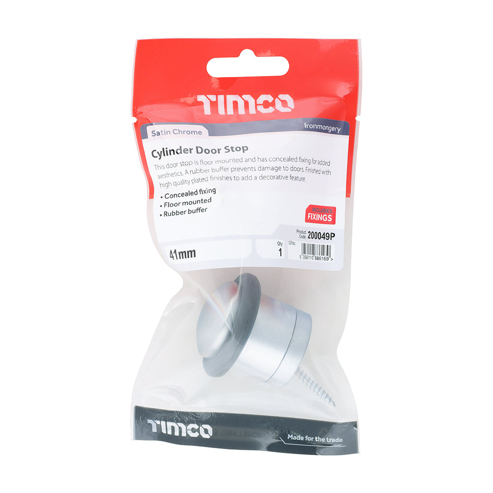This is an image showing TIMCO Cylinder Door Stop - Satin Chrome - 41mm - 1 Each TIMpac available from T.H Wiggans Ironmongery in Kendal, quick delivery at discounted prices.