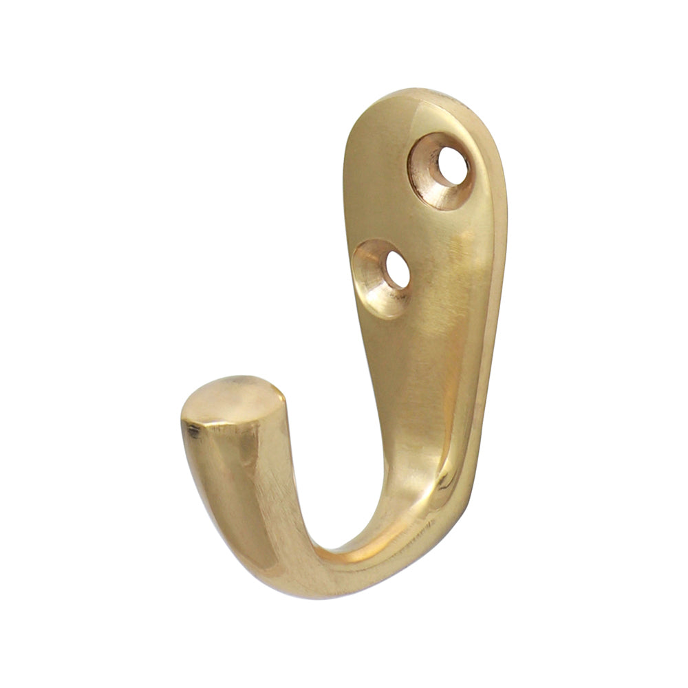 This is an image showing TIMCO Single Robe Hook - Polished Brass - 44 x 18mm - 1 Each TIMpac available from T.H Wiggans Ironmongery in Kendal, quick delivery at discounted prices.