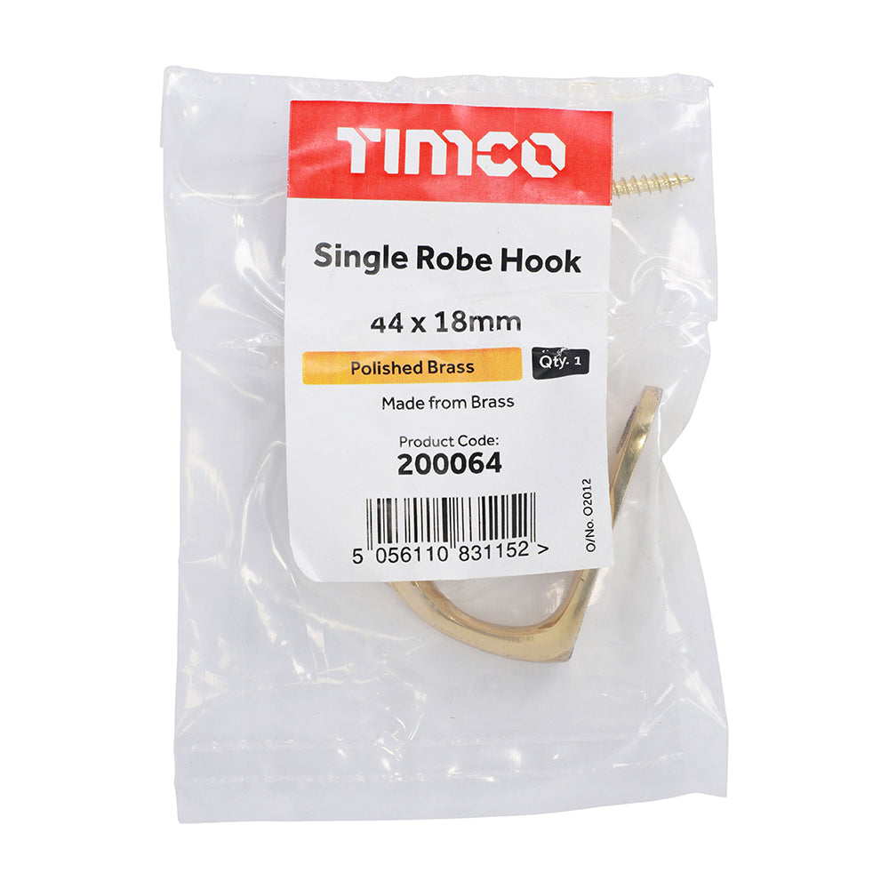 This is an image showing TIMCO Single Robe Hook - Polished Brass - 44 x 18mm - 1 Each Bag available from T.H Wiggans Ironmongery in Kendal, quick delivery at discounted prices.