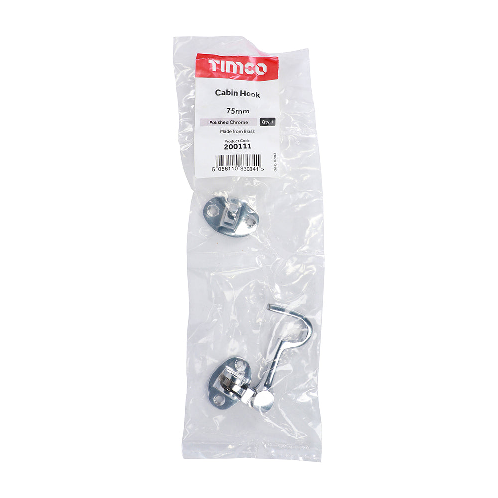 This is an image showing TIMCO Cabin Hook - Polished Chrome - 75mm - 1 Each Bag available from T.H Wiggans Ironmongery in Kendal, quick delivery at discounted prices.