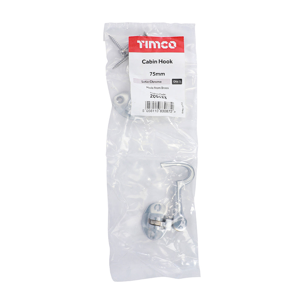 This is an image showing TIMCO Cabin Hook - Satin Chrome - 75mm - 1 Each Bag available from T.H Wiggans Ironmongery in Kendal, quick delivery at discounted prices.