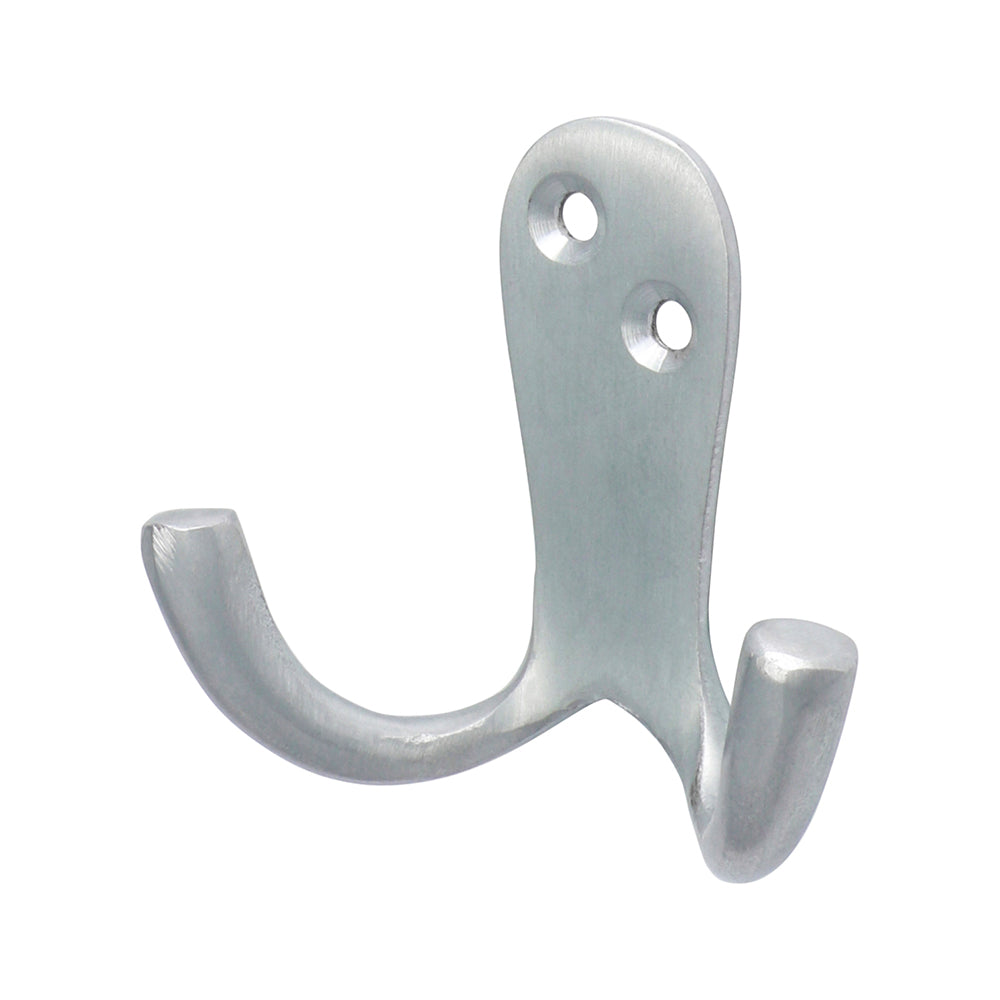 This is an image showing TIMCO Double Robe Hook - Satin Chrome - 47 x 24mm - 1 Each Bag available from T.H Wiggans Ironmongery in Kendal, quick delivery at discounted prices.