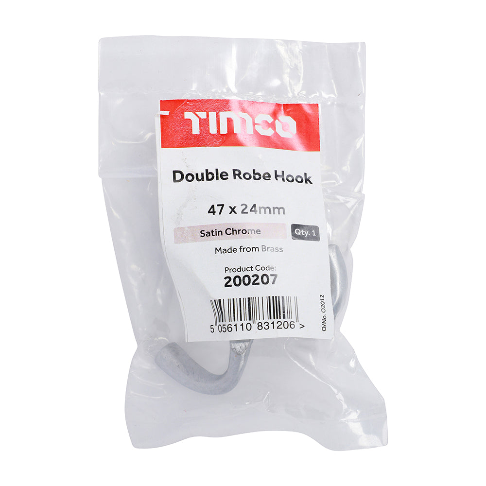This is an image showing TIMCO Double Robe Hook - Satin Chrome - 47 x 24mm - 1 Each Bag available from T.H Wiggans Ironmongery in Kendal, quick delivery at discounted prices.