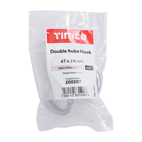 This is an image showing TIMCO Double Robe Hook - Satin Chrome - 47 x 24mm - 1 Each Bag available from T.H Wiggans Ironmongery in Kendal, quick delivery at discounted prices.