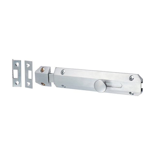 This is an image showing TIMCO Architectural Flat Section Bolt - Satin Chrome - 150 x 35mm - 1 Each Bag available from T.H Wiggans Ironmongery in Kendal, quick delivery at discounted prices.