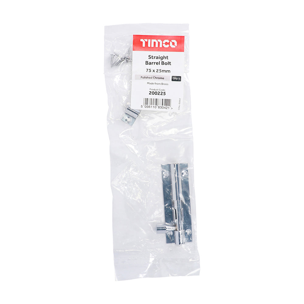 This is an image showing TIMCO Straight Barrel Bolt - Polished Chrome - 75 x 25mm - 1 Each Bag available from T.H Wiggans Ironmongery in Kendal, quick delivery at discounted prices.
