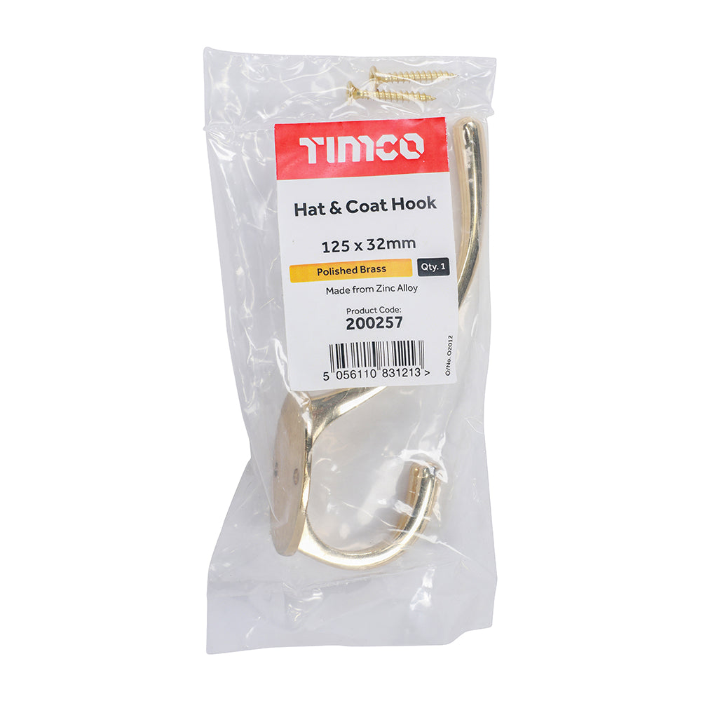 This is an image showing TIMCO Hat & Coat Hook - Polished Brass - 125 x 32mm - 1 Each Bag available from T.H Wiggans Ironmongery in Kendal, quick delivery at discounted prices.