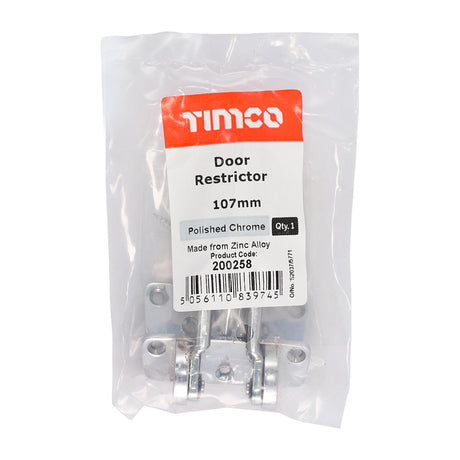 This is an image showing TIMCO Door Restrictor - Polished Chrome - 107mm - 1 Each Bag available from T.H Wiggans Ironmongery in Kendal, quick delivery at discounted prices.