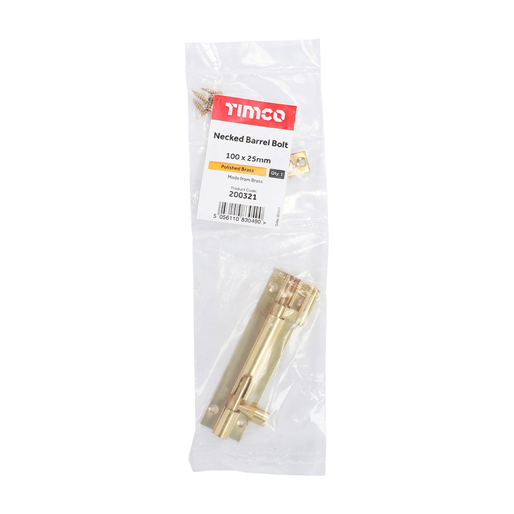 This is an image showing TIMCO Necked Barrel Bolt - Polished Brass - 100 x 25mm - 1 Each Bag available from T.H Wiggans Ironmongery in Kendal, quick delivery at discounted prices.