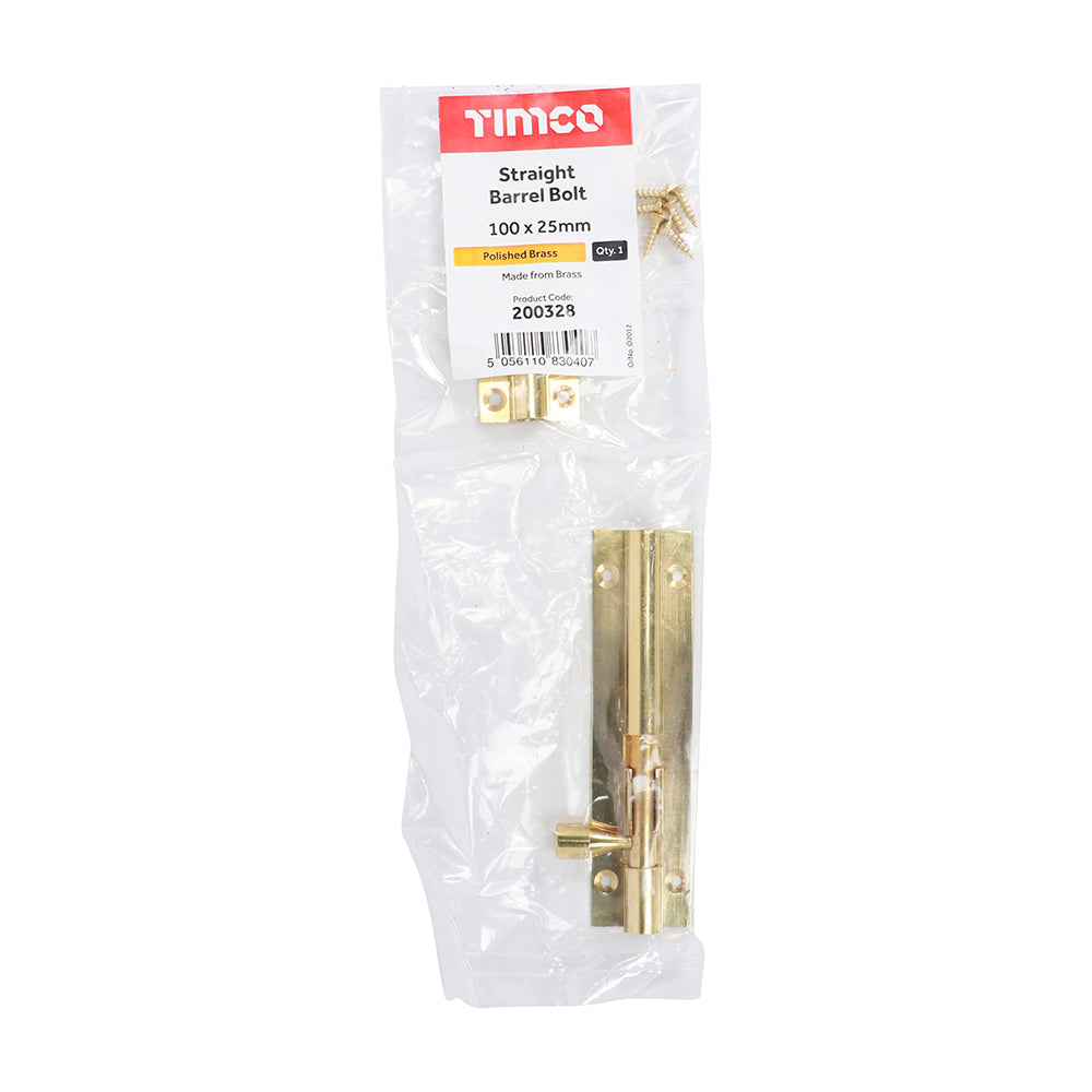 This is an image showing TIMCO Straight Barrel Bolt - Polished Brass - 100 x 25mm - 1 Each Bag available from T.H Wiggans Ironmongery in Kendal, quick delivery at discounted prices.