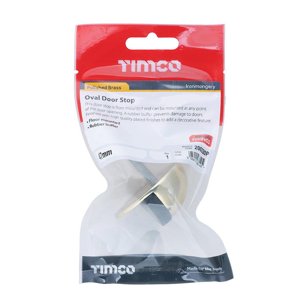 This is an image showing TIMCO Oval Door Stop - Polished Brass - 47mm - 1 Each TIMpac available from T.H Wiggans Ironmongery in Kendal, quick delivery at discounted prices.