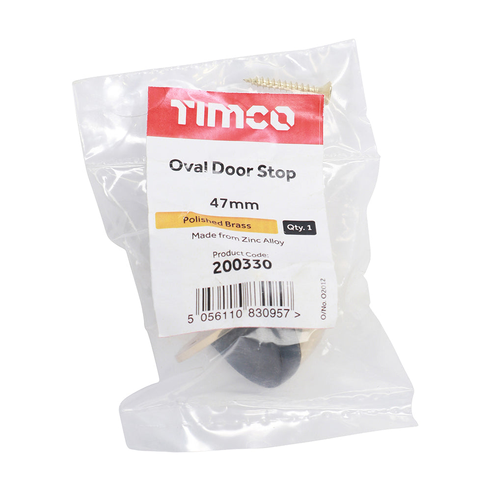 This is an image showing TIMCO Oval Door Stop - Polished Brass - 47mm - 1 Each Bag available from T.H Wiggans Ironmongery in Kendal, quick delivery at discounted prices.