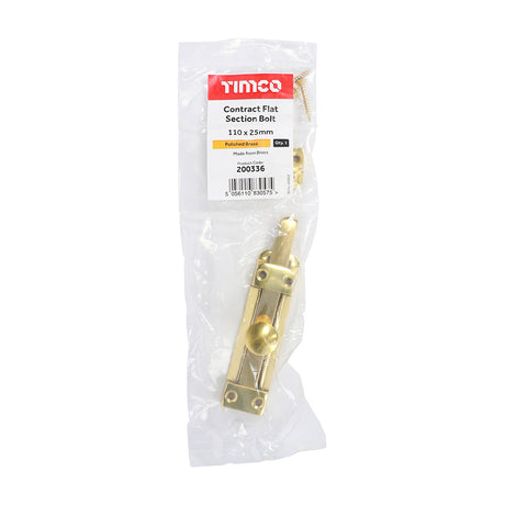 This is an image showing TIMCO Contract Flat Section Bolt - Polished Brass - 110 x 25mm - 1 Each Bag available from T.H Wiggans Ironmongery in Kendal, quick delivery at discounted prices.