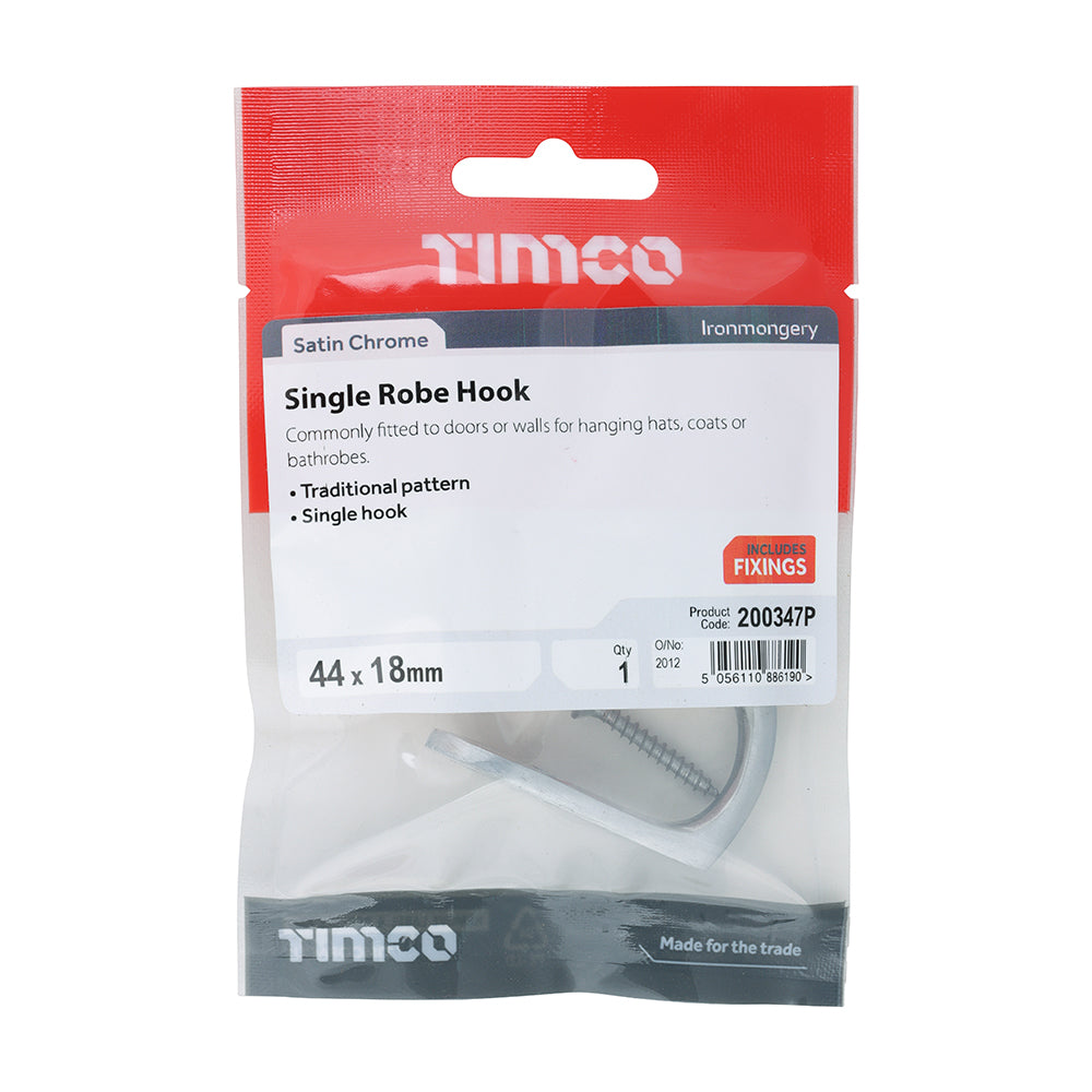 This is an image showing TIMCO Single Robe Hook - Satin Chrome - 44 x 18mm - 1 Each TIMpac available from T.H Wiggans Ironmongery in Kendal, quick delivery at discounted prices.