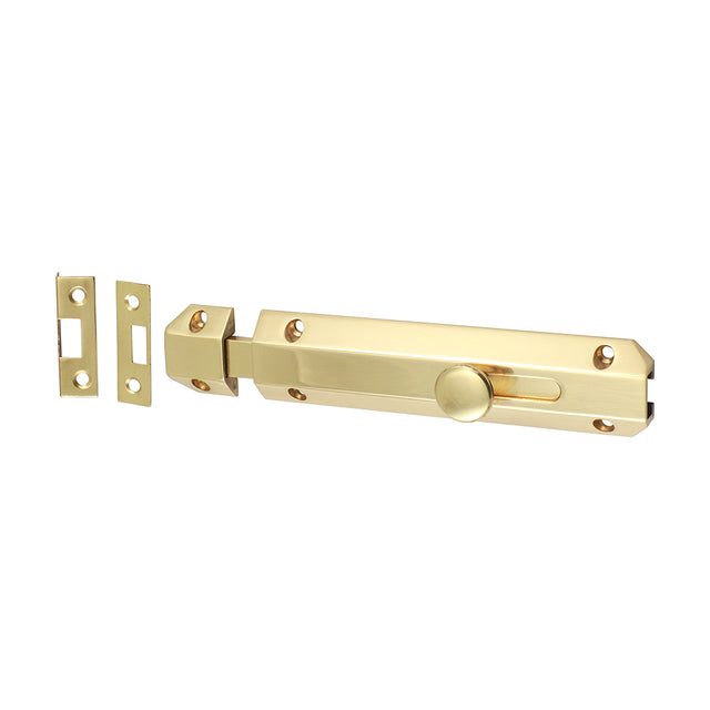 This is an image showing TIMCO Architectural Flat Section Bolt - Polished Brass - 150 x 35mm - 1 Each Bag available from T.H Wiggans Ironmongery in Kendal, quick delivery at discounted prices.