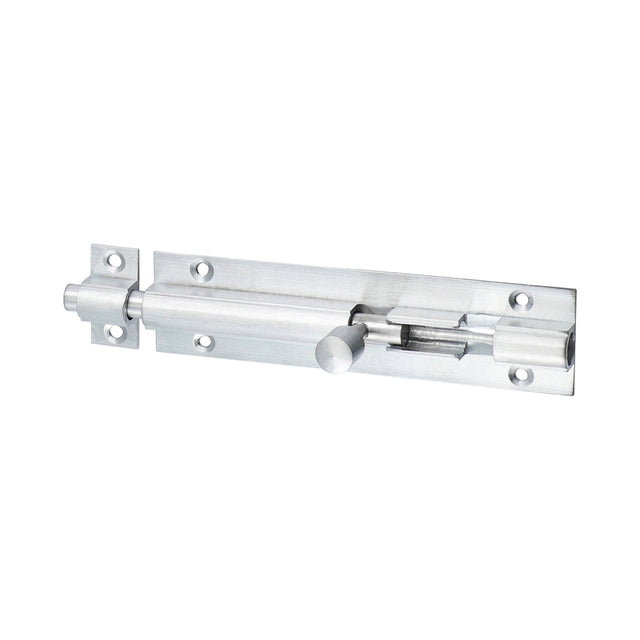This is an image showing TIMCO Straight Barrel Bolt - Satin Chrome - 100 x 25mm - 1 Each Bag available from T.H Wiggans Ironmongery in Kendal, quick delivery at discounted prices.