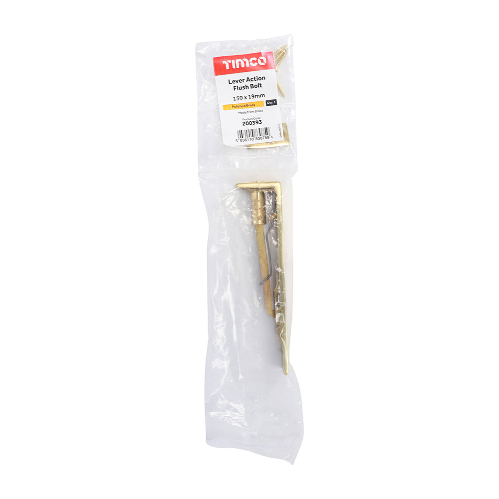 This is an image showing TIMCO Lever Action Flush Bolt - Polished Brass - 150 x 19mm - 1 Each Bag available from T.H Wiggans Ironmongery in Kendal, quick delivery at discounted prices.