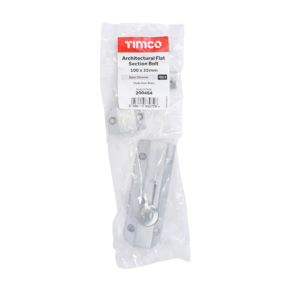 This is an image showing TIMCO Architectural Flat Section Bolt - Satin Chrome - 100 x 35mm - 1 Each Bag available from T.H Wiggans Ironmongery in Kendal, quick delivery at discounted prices.