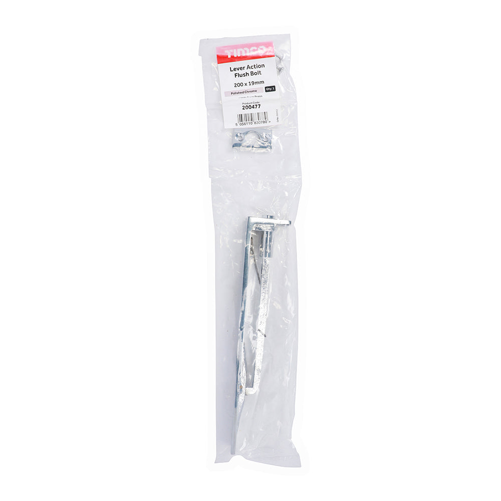 This is an image showing TIMCO Lever Action Flush Bolt - Polished Chrome - 200 x 19mm - 1 Each Bag available from T.H Wiggans Ironmongery in Kendal, quick delivery at discounted prices.