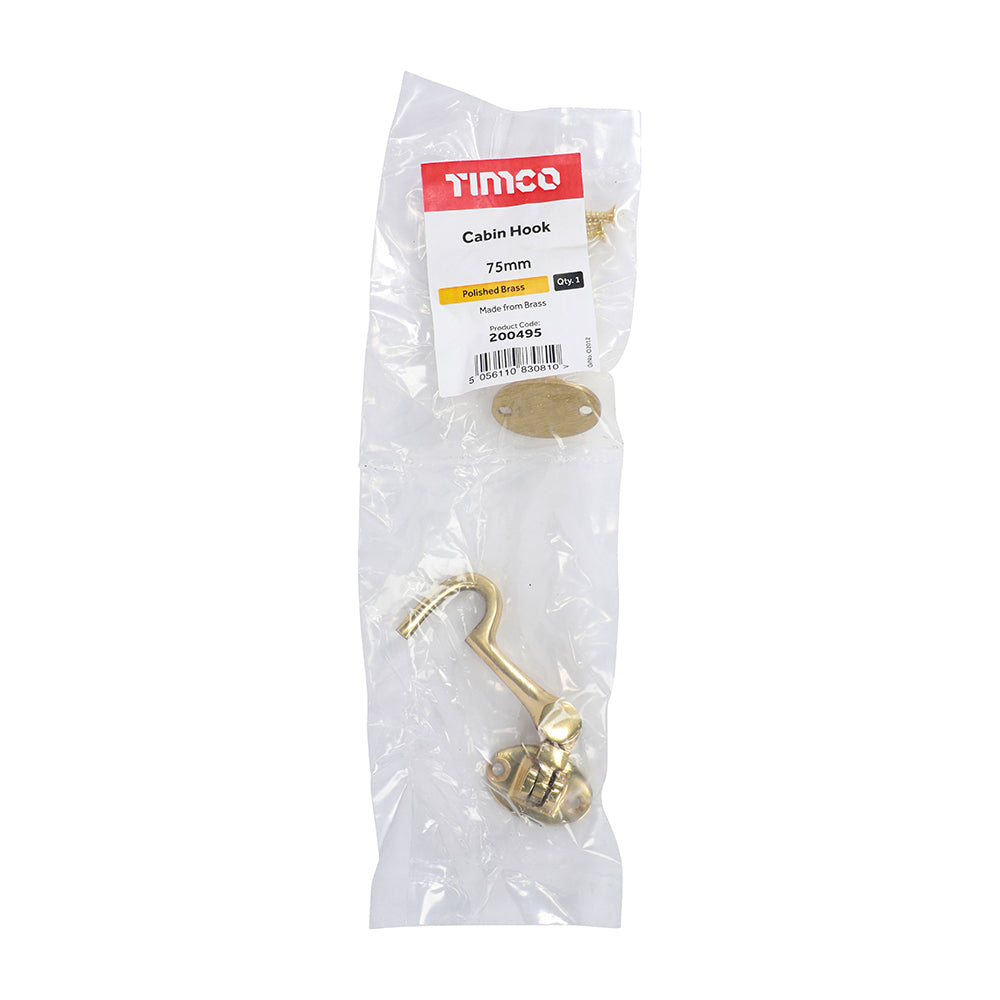 This is an image showing TIMCO Cabin Hook - Polished Brass - 75mm - 1 Each Bag available from T.H Wiggans Ironmongery in Kendal, quick delivery at discounted prices.
