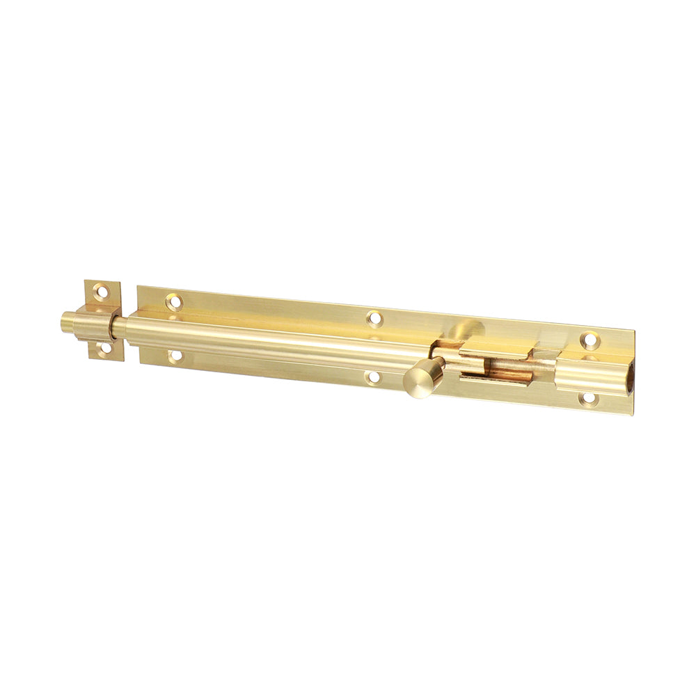 This is an image showing TIMCO Straight Barrel Bolt - Polished Brass - 150 x 25mm - 1 Each Bag available from T.H Wiggans Ironmongery in Kendal, quick delivery at discounted prices.