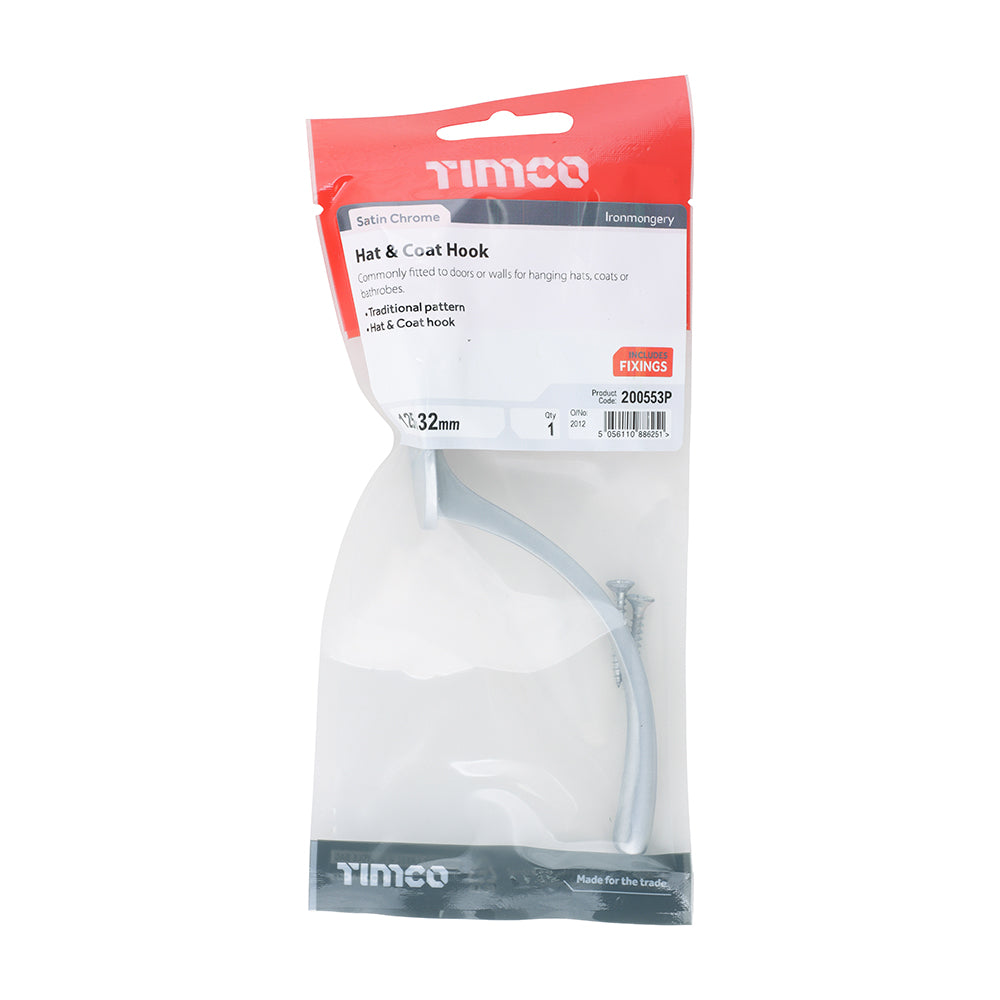 This is an image showing TIMCO Hat & Coat Hook - Satin Chrome - 125 x 32mm - 1 Each TIMpac available from T.H Wiggans Ironmongery in Kendal, quick delivery at discounted prices.