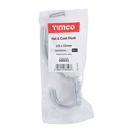 This is an image showing TIMCO Hat & Coat Hook - Satin Chrome - 125 x 32mm - 1 Each Bag available from T.H Wiggans Ironmongery in Kendal, quick delivery at discounted prices.