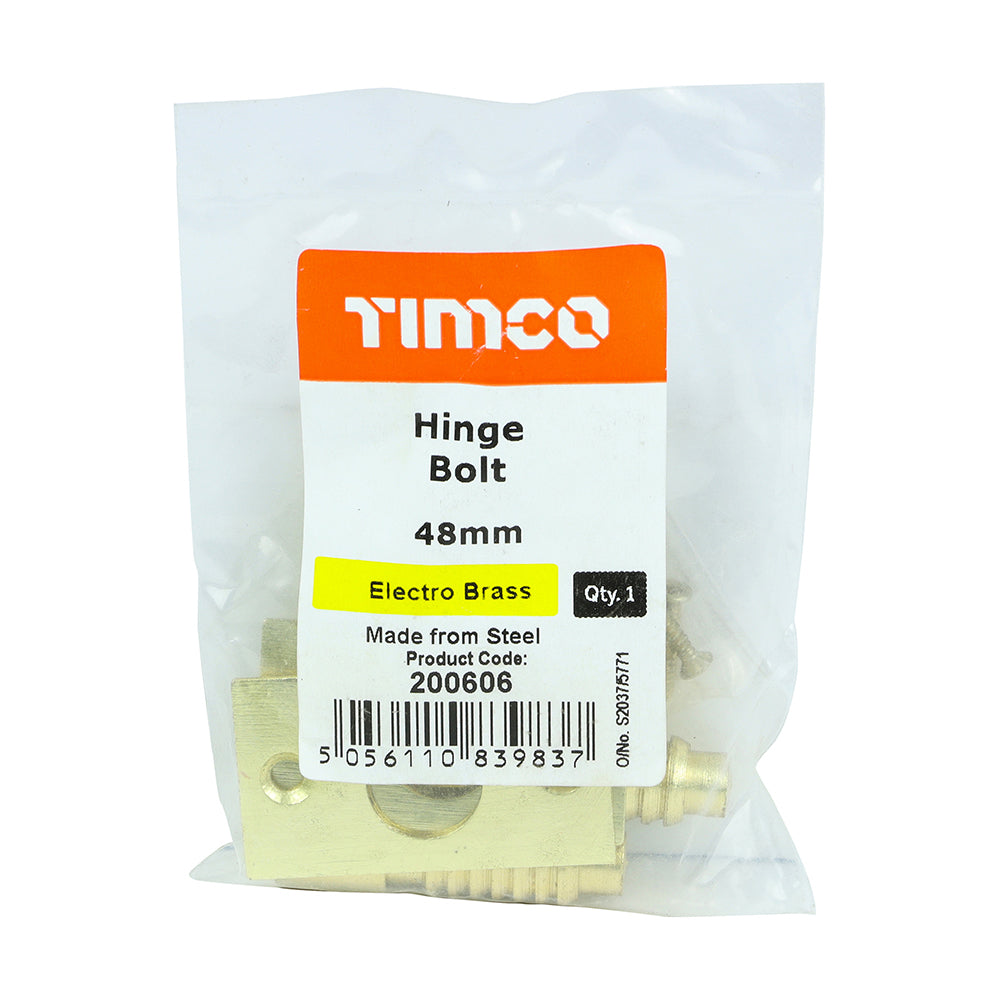 This is an image showing TIMCO Hinge Bolt - Electro Brass - 48mm - 2 Pieces Bag available from T.H Wiggans Ironmongery in Kendal, quick delivery at discounted prices.
