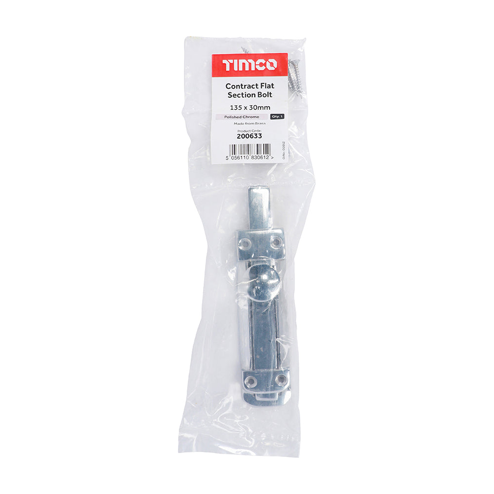 This is an image showing TIMCO Contract Flat Section Bolt - Polished Chrome - 135 x 30mm - 1 Each Bag available from T.H Wiggans Ironmongery in Kendal, quick delivery at discounted prices.