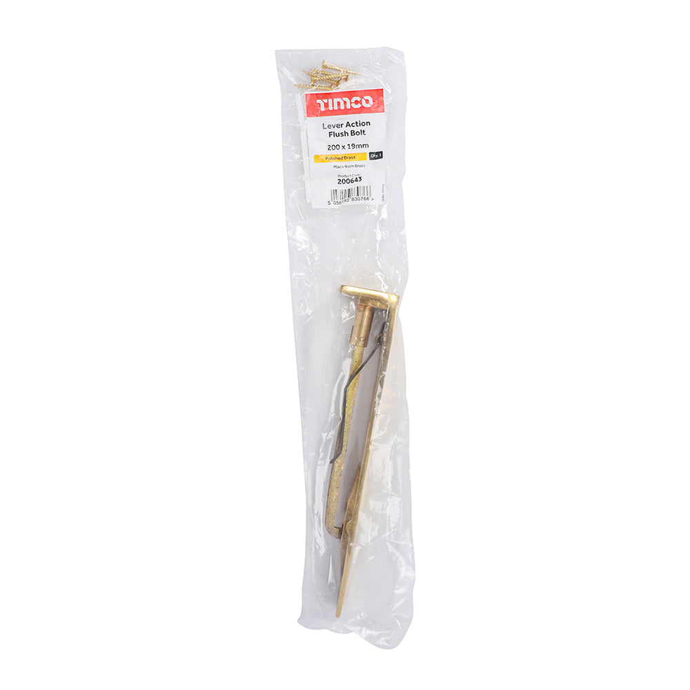 This is an image showing TIMCO Lever Action Flush Bolt - Polished Brass - 200 x 19mm - 1 Each Bag available from T.H Wiggans Ironmongery in Kendal, quick delivery at discounted prices.