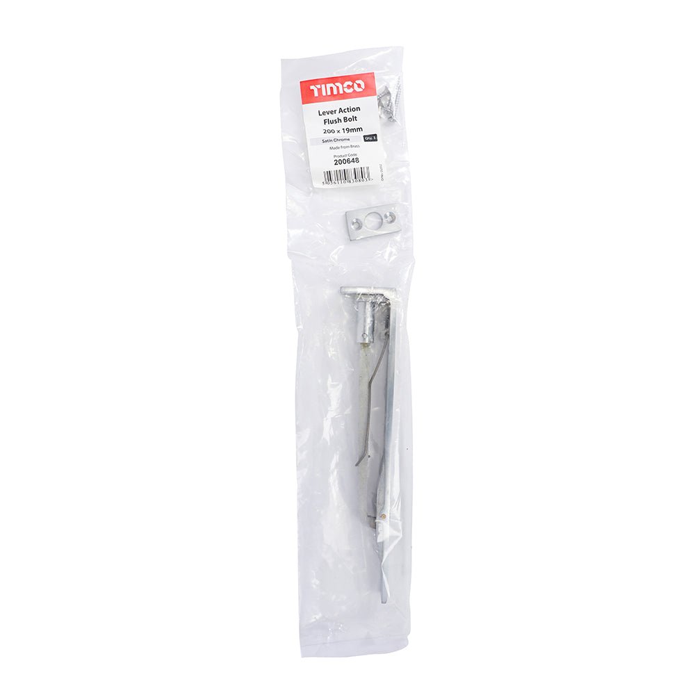 This is an image showing TIMCO Lever Action Flush Bolt - Satin Chrome - 200 x 19mm - 1 Each Bag available from T.H Wiggans Ironmongery in Kendal, quick delivery at discounted prices.