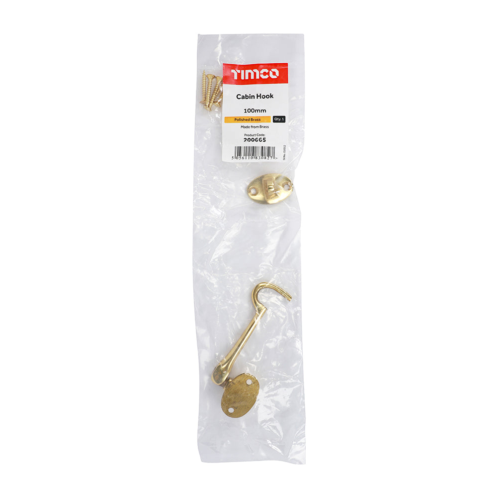 This is an image showing TIMCO Cabin Hook - Polished Brass - 100mm - 1 Each Bag available from T.H Wiggans Ironmongery in Kendal, quick delivery at discounted prices.