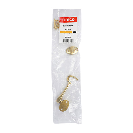 This is an image showing TIMCO Cabin Hook - Polished Brass - 100mm - 1 Each Bag available from T.H Wiggans Ironmongery in Kendal, quick delivery at discounted prices.