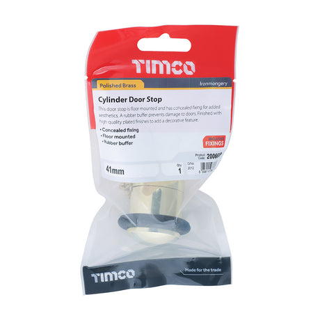This is an image showing TIMCO Cylinder Door Stop - Polished Brass - 41mm - 1 Each TIMpac available from T.H Wiggans Ironmongery in Kendal, quick delivery at discounted prices.