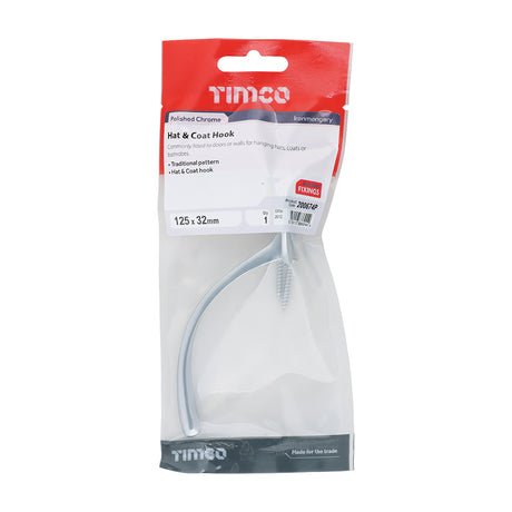 This is an image showing TIMCO Hat & Coat Hook - Polished Chrome - 125 x 32mm - 1 Each TIMpac available from T.H Wiggans Ironmongery in Kendal, quick delivery at discounted prices.
