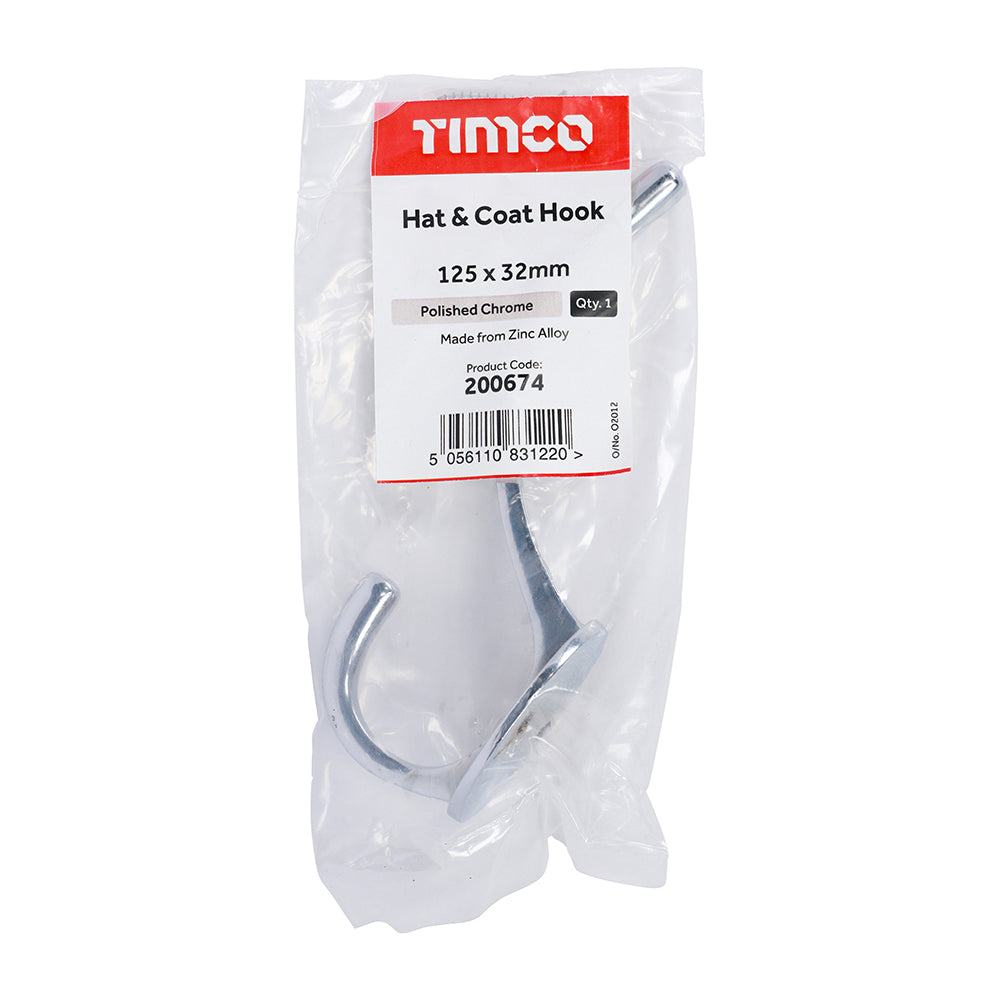 This is an image showing TIMCO Hat & Coat Hook - Polished Chrome - 125 x 32mm - 1 Each Bag available from T.H Wiggans Ironmongery in Kendal, quick delivery at discounted prices.