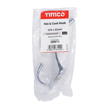 This is an image showing TIMCO Hat & Coat Hook - Polished Chrome - 125 x 32mm - 1 Each Bag available from T.H Wiggans Ironmongery in Kendal, quick delivery at discounted prices.