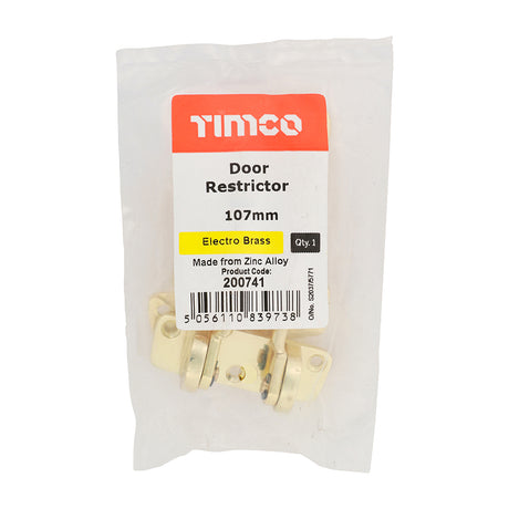 This is an image showing TIMCO Door Restrictor - Electro Brass - 107mm - 1 Each Bag available from T.H Wiggans Ironmongery in Kendal, quick delivery at discounted prices.