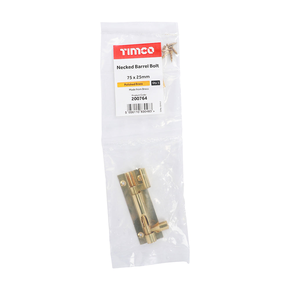 This is an image showing TIMCO Necked Barrel Bolt - Polished Brass - 75 x 25mm - 1 Each Bag available from T.H Wiggans Ironmongery in Kendal, quick delivery at discounted prices.