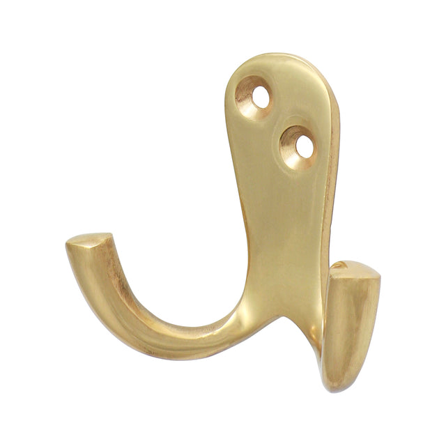This is an image showing TIMCO Double Robe Hook - Polished Brass - 47 x 24mm - 1 Each Bag available from T.H Wiggans Ironmongery in Kendal, quick delivery at discounted prices.