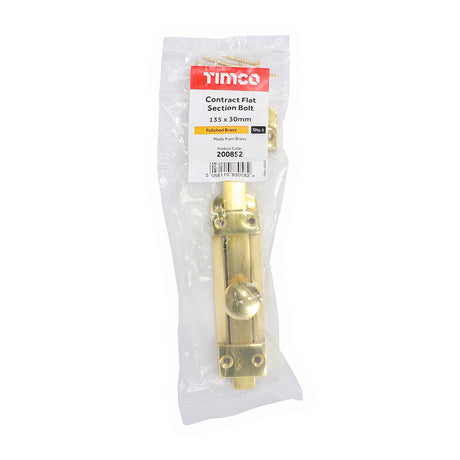This is an image showing TIMCO Contract Flat Section Bolt - Polished Brass - 135 x 30mm - 1 Each Bag available from T.H Wiggans Ironmongery in Kendal, quick delivery at discounted prices.