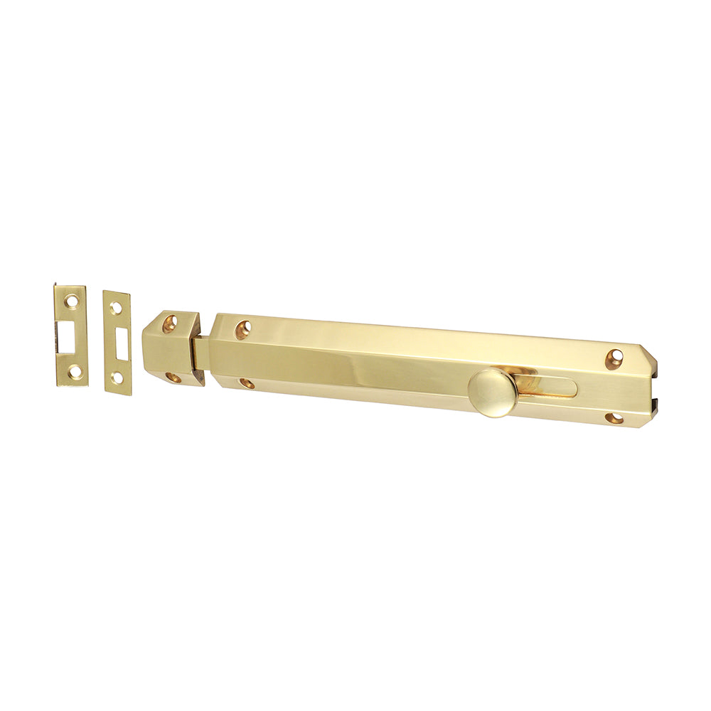 This is an image showing TIMCO Architectural Flat Section Bolt - Polished Brass - 210 x 35mm - 1 Each Bag available from T.H Wiggans Ironmongery in Kendal, quick delivery at discounted prices.