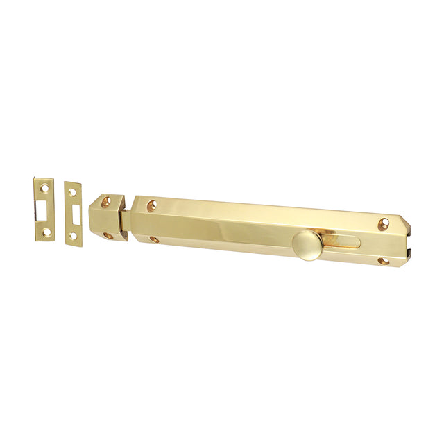 This is an image showing TIMCO Architectural Flat Section Bolt - Polished Brass - 210 x 35mm - 1 Each Bag available from T.H Wiggans Ironmongery in Kendal, quick delivery at discounted prices.