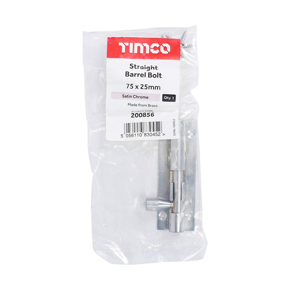 This is an image showing TIMCO Straight Barrel Bolt - Satin Chrome - 75 x 25mm - 1 Each Bag available from T.H Wiggans Ironmongery in Kendal, quick delivery at discounted prices.