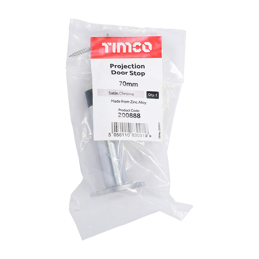 This is an image showing TIMCO Projection Door Stop - Satin Chrome - 70mm - 1 Each Bag available from T.H Wiggans Ironmongery in Kendal, quick delivery at discounted prices.