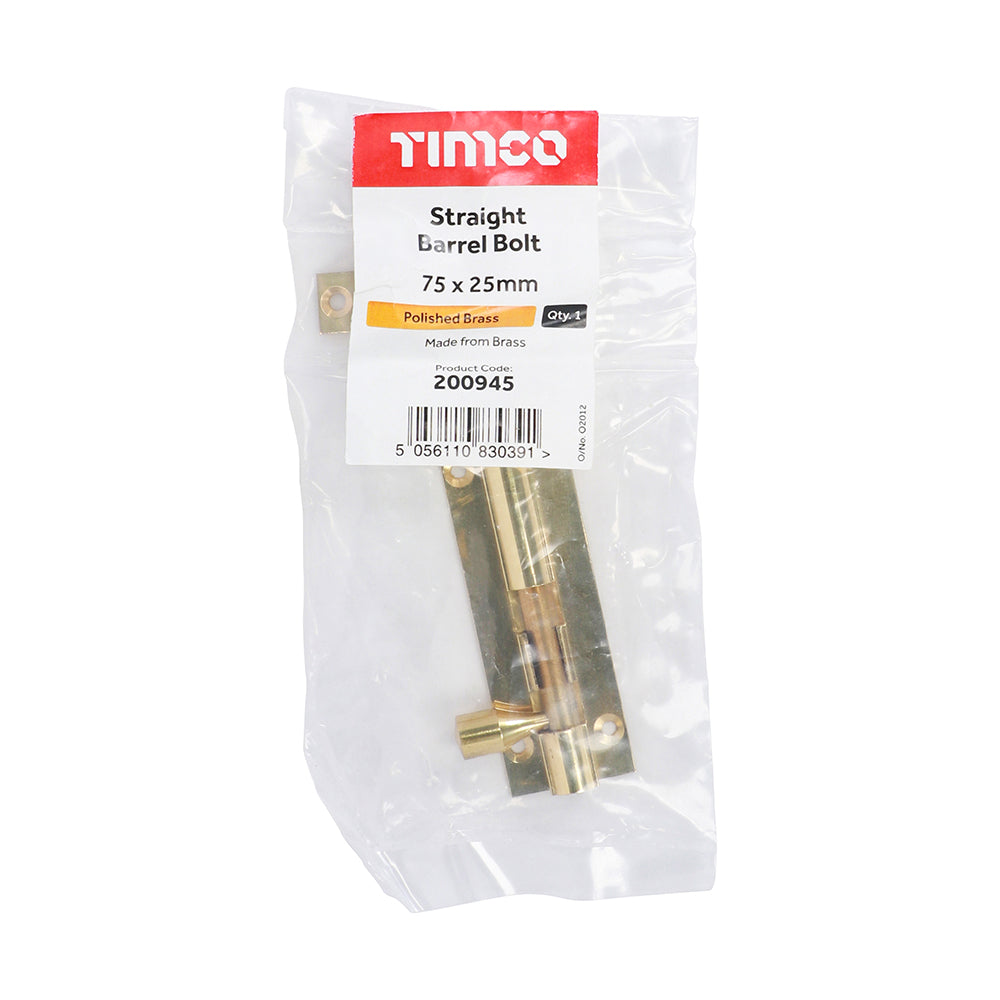 This is an image showing TIMCO Straight Barrel Bolt - Polished Brass - 75 x 25mm - 1 Each Bag available from T.H Wiggans Ironmongery in Kendal, quick delivery at discounted prices.
