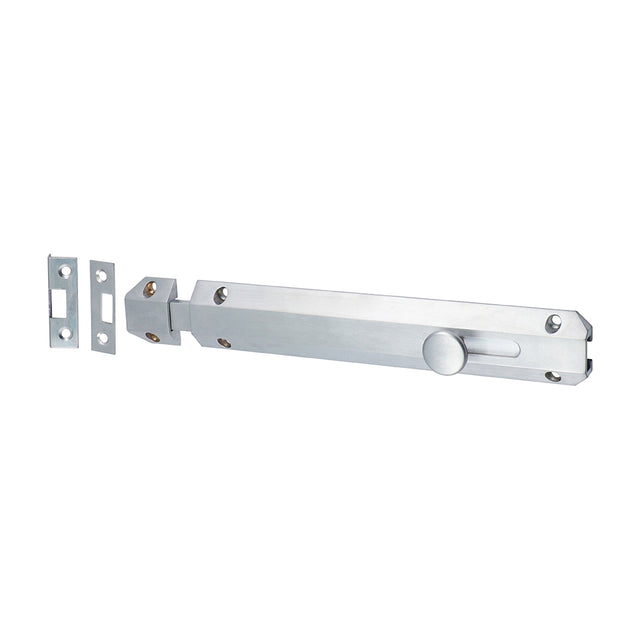 This is an image showing TIMCO Architectural Flat Section Bolt - Satin Chrome - 210 x 35mm - 1 Each Bag available from T.H Wiggans Ironmongery in Kendal, quick delivery at discounted prices.