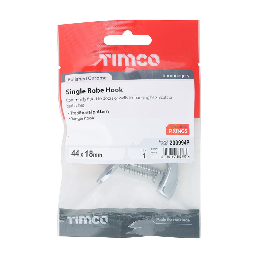 This is an image showing TIMCO Single Robe Hook - Polished Chrome - 44 x 18mm - 1 Each TIMpac available from T.H Wiggans Ironmongery in Kendal, quick delivery at discounted prices.